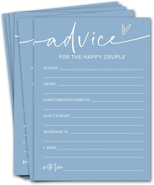 Bridal Shower Games Cards for 25 Guests, Advice for The Happy Couple, Minimalist Blue Wedding Party Supplies - B10