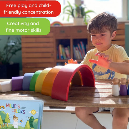 Montessori Nesting Rainbow Toy - Wooden Stacking Set with Arches, Peg Dolls & Story Book for Ages 3+
