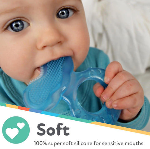 Nuby Soft Silicone Teether with Massaging Bristles | 2 pack: Blue | 3m + | Travel Case Included