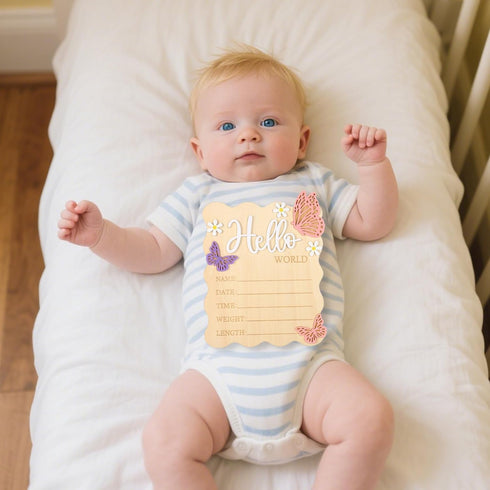 Lyreh Baby Announcement Sign, Rectangle Wooden Hello World Baby Sign with Flower and Butterfly Patterns Cute Delicate