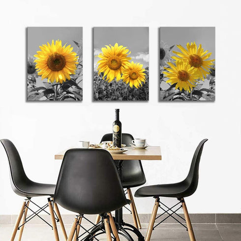 USIXA 3 1216 Inches Sunflower Wall Art for Living Room Black White Flowers Wall Decor Yellow Floral Canvas Prints