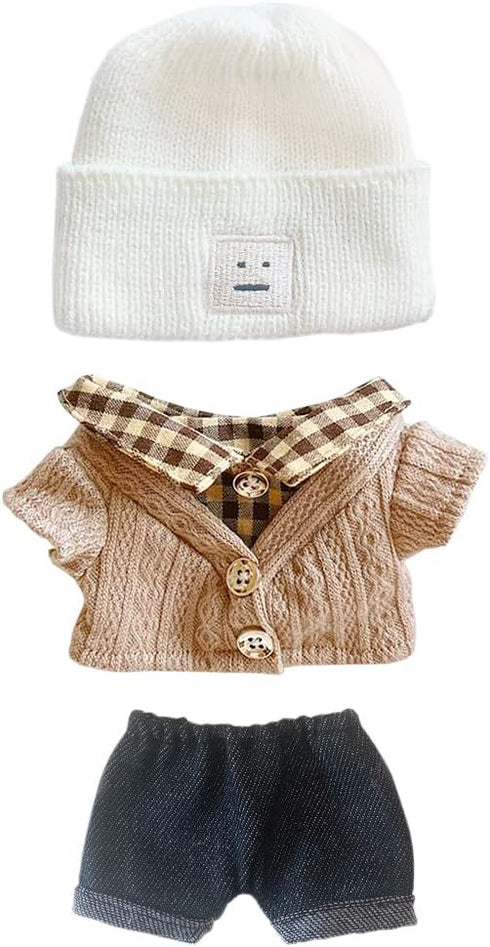 niannyyhouse 7.8in/20cm Plush Doll Clothes, Hat, Button Sweater & Denim Flanging Jeans Dressup