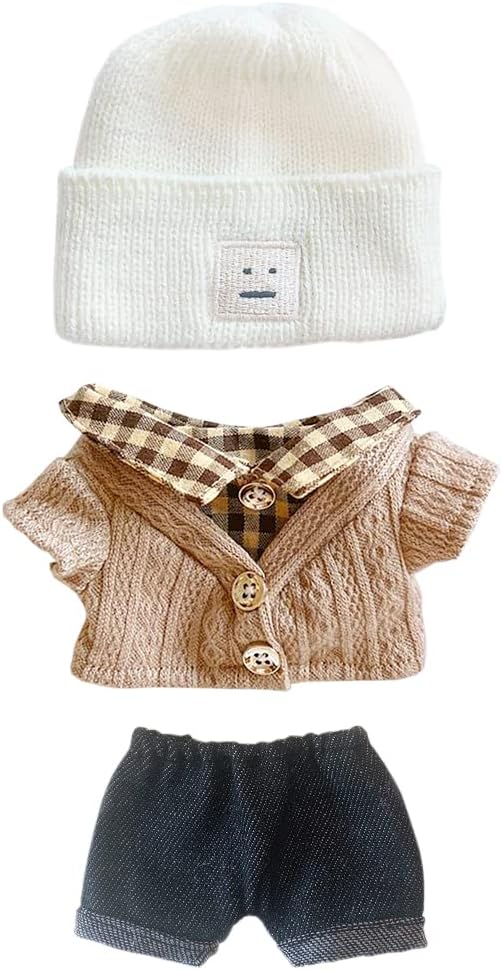 niannyyhouse 7.8in/20cm Plush Doll Clothes, Hat, Button Sweater & Denim Flanging Jeans Dressup