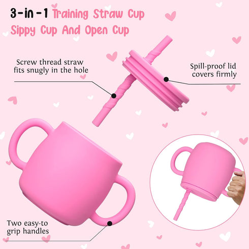 Baby Feeding Utensils Set, 7 Pcs Silicone Toddler Supplies - Adjustable Bibs, Suction Divided Plate, Placemat, Sippy Cup