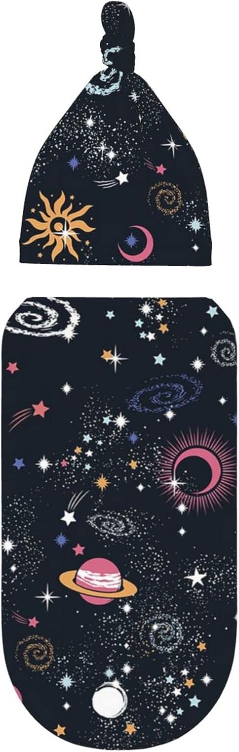 Osvbs Set, Space Galaxy Newborn Swaddle Blanket with Beanie Soft and Stretchy Baby Blanket Swaddle Sack for Boy