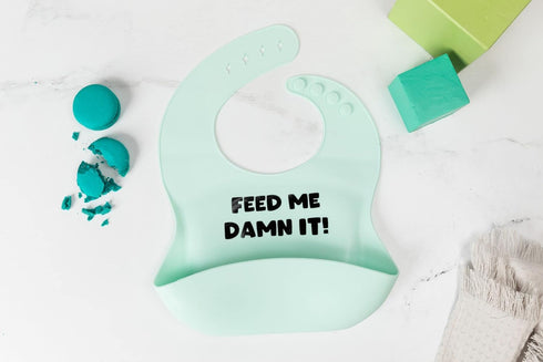 Silicone Baby Bib Infant Toddler Feeding | Funny Gift Feed Me Damn It | Waterproof, Durable, Adjustable, Soft
