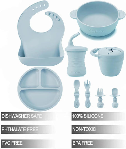 PandaEar Silicone Baby Feeding Set | 9PCS Baby Led Weaning Supplies Self Feeding Utensils | Divided Suction Plate Bowl Bibs Sippy Cup with Baby Snack Container Spoons Forks (Blue) by PandaEar