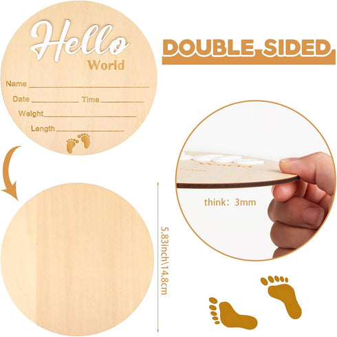 Lemicin 5.9 Inch Baby Birth Announcement Sign Hello World Newborn Name Wooden Plate for Hospital Nursery Birth