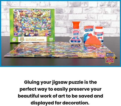2 Pack, 5 oz MasterPieces Puzzle Glue with Wide Plastic Spreader, Easy to Apply, Dries Quick and Clear, Protects