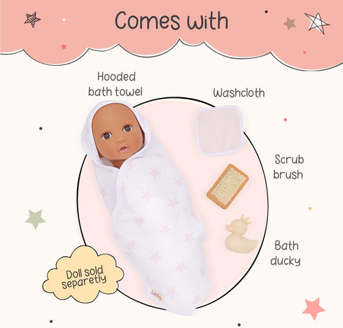 14-Inch 2+ LullaBaby Hooded Bath Towel in Pink Star Pattern Bath Toys & Pink Ducky Baby Doll Accessories Pretend Play