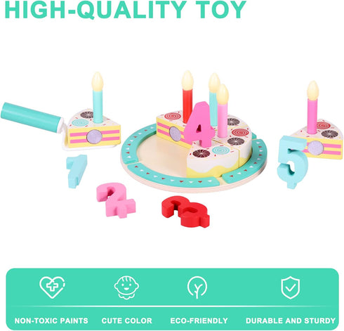 Set Birthday Cake Cutting Toys, Wooden Play Food for Kids Toddlers, Pretend Play Kitchen Toys for Boys Girls