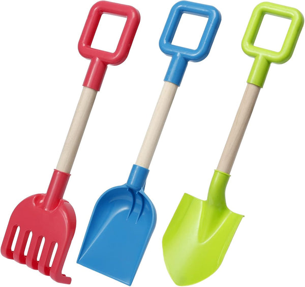 Jumbo Beach Shovels Rake Spade Toys Set for Kids, 16" Long Wooden Handle ABS Plastic Sand Scoop, 3 Pack Gardening Tool