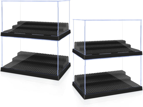 4 Pack Display Case for Minifigure Action Figures, 2 Pack Clear Acrylic Storage Box with Movable Steps for Kids and