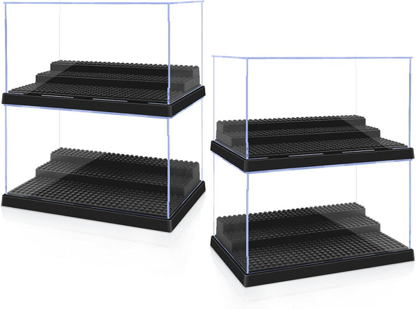 4 Pack Display Case for Minifigure Action Figures, 2 Pack Clear Acrylic Storage Box with Movable Steps for Kids and
