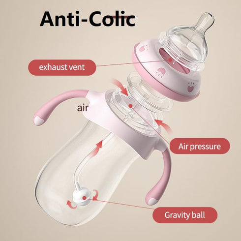 12+ Pink/3Pack/9oz Oberni Baby Bottles, Weighted Straw Toddler Milk Bottles with Non-Slip Handle, Size + Variable Fast