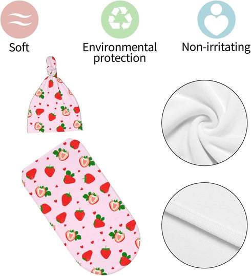 Swaddle Blanket Strawberry Newborn Baby Sleep Sack with Beanie Hat Sets for Boys Girls, Unisex Infant Baby Shower