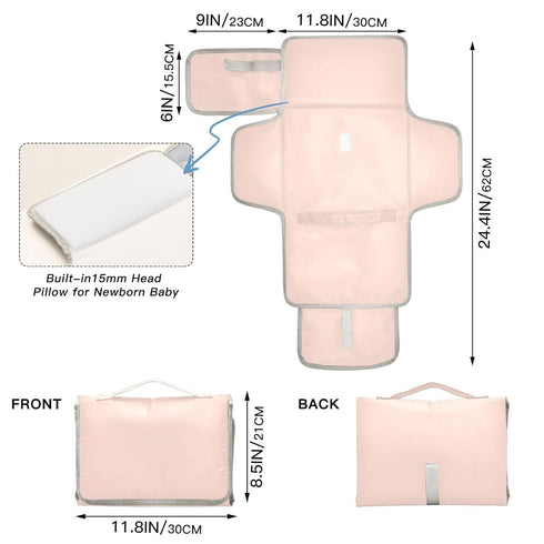 Kagirah Plain Light Pink Portable Changing Pad with Built-in Pillow, Waterproof Foldable Baby Diaper Changing Pads