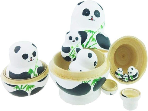 Set 10 Cute Animal Panda with Bamboo Handmade Wooden Russian Nesting Dolls Matryoshka Dolls Pieces for Kids Toy Home