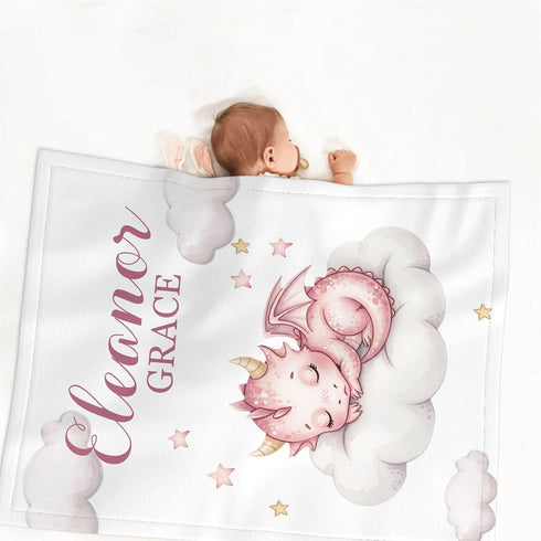 Workvalor Set 3-Piece Custom Baby Girl Crib Bedding Personalized Nursery Bedding with Dragon Pink Blanket, Fitted Sheet