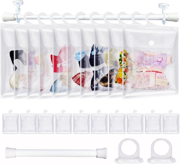 aimpiwt 10 Pack Clear Doll Clothes Storage Bags with Hanging Rod & Hooks,