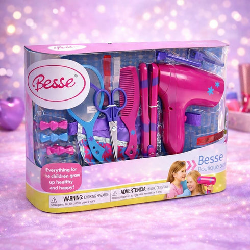 Set Set Beauty Hair Stylist - Boutique Beauty Salon Fashion Pretend Play for Girls with Toy Blow Dryer, Curler