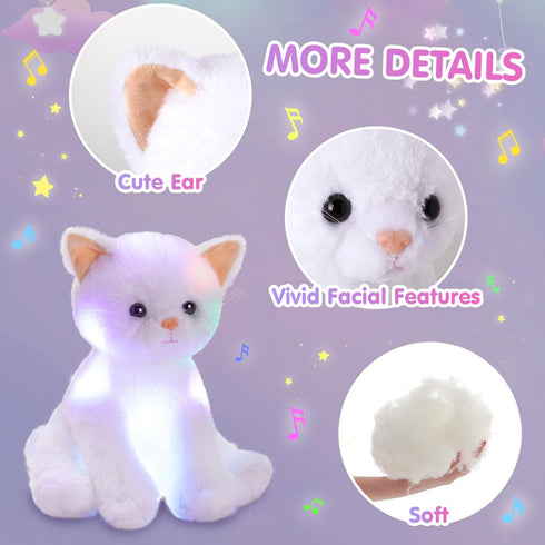 12'' Houwsbaby White Musical Light Up Cat Stuffed Animal Kitty Plush Toy Singing LED Glowing Cat Plush Toy Christmas