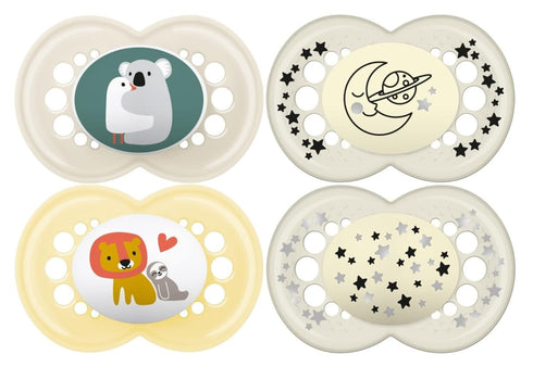 MAM 4-Pack, 6+M Original + Night Unisex & Boy Silicone Pacifiers, Glows in The Dark