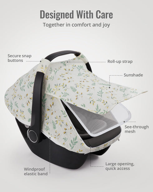 Blissful Diary Baby Car Seat Cover, Extra Large Mesh Window, Breathable Muslin Cotton, Infant Windproof Canopy