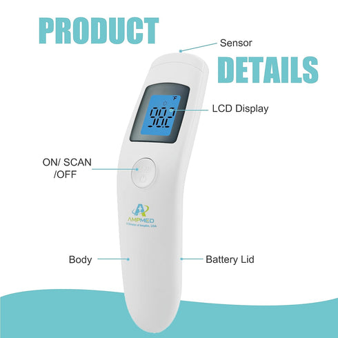 Amplim Non-Contact Forehead Thermometer - Touchless Digital Fever Thermometer for Kids and Adults