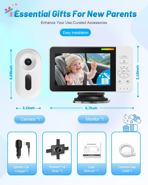 TinyShield 1080P 4X 360 Wireless Baby Car Camera for Newborn Essentials with Auto Night Vision, HD Car Baby Monitor