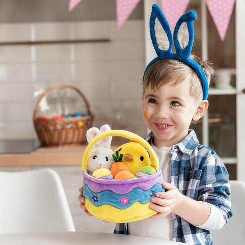 AMSHINE 7 Playset Bakset Pcs Easter Basket Plush with Bunny Chick Egg Carrot, My First Easter Stuffers Toys Gifts