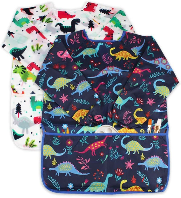 Kids Art Smocks 2 Pack, Dinosaur Painting Apron for Children, Waterproof Artist Smock with Long Sleeve and Pockets