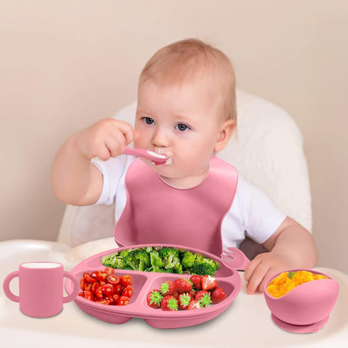 Silicone Baby Feeding Set, 12 Pack Baby Led Weaning Supplies, Suction Divided Plates, Toddler Soft Bowl, Spoons, Forks