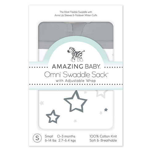 0-3 Amazing Baby Omni Transitional Swaddle, Swaddle Sleep Sack with Wrap & Arms Up Sleeves & Mitten Cuffs, Gray Stars