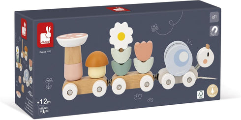 2 10 12 J04010, Janod Snail Train - Wagons and Pieces Including Removable Rattle - Pull Toy - Wood and Water Painting
