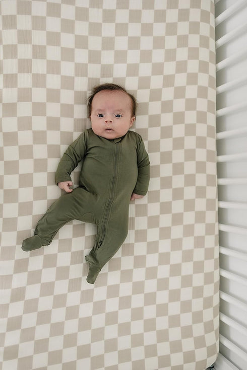 Taupe Checkered Muslin Crib Sheet by Mebie Baby, Soft and Breathable Bed Sheets for Babies, Modern Neutral Bedding