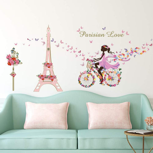 Girl Bicycle Wall Stickers, Flowers Eiffel Tower Wall Decals Mural for Kids Bedroom Living Room