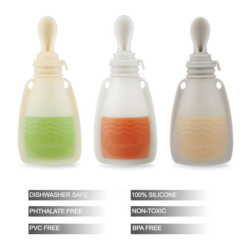 3 Pack 3 5 oz PandaEar Silicone Baby Food Pouches, Reusable Squeeze Pouches for Toddler with Silicone Puree Feeder