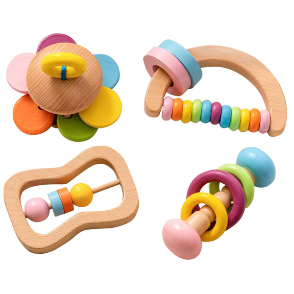 4 PCS Wooden Baby Rattle Set, Organic Colorful Rattles for Babies 0-12 Months, Wooden Teether Crochet Toy