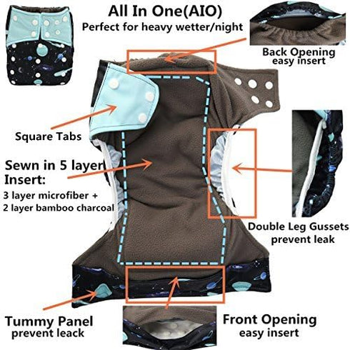 Sigzagor 3 Pack) AIll in One Cloth Diapers Nappies for Night AIO Sewn in Insert Reusable Washable (Dinosaur