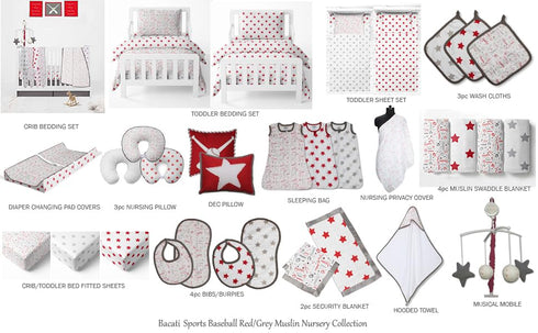Baseball Themed Muslin Quilted Changing Pad Cover in Red/Grey