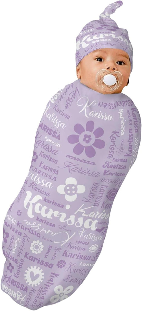 YallLocoMo Personalized Baby Swaddle Blanket for Boys Girls Purple Flower Name Text Custom