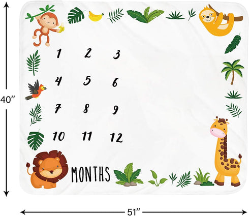 Baby Monthly Milestone Blanket Boy, Jungle Animals Newborn Month Blanket for Personalized Safari Nursery Decor