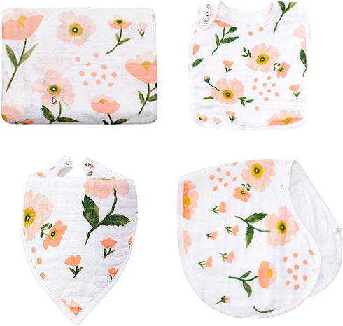 Muslin Swaddle Blanket Set for Baby 4-Piece Newborn Essentials with Swaddle, Burp
