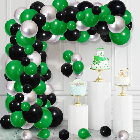 Green Black Silver Balloon Garland Arch Kit, Metallic Balloons for Video Game Birthday Decorations
