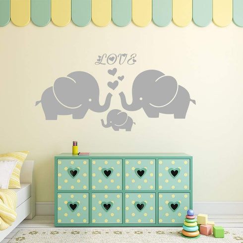 Large Cute Elephant Family with Hearts Wall Decals for Baby Nursery Decor, Kids Room Wall Stickers, 40''W x 19''H, Grey