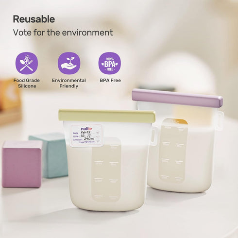 7 8oz/240ml Nuliie Pcs Silicone Breastmilk Storage Bags Reusable, Double Leak-Proof Breastmilk Freezer Bags, BPA Free