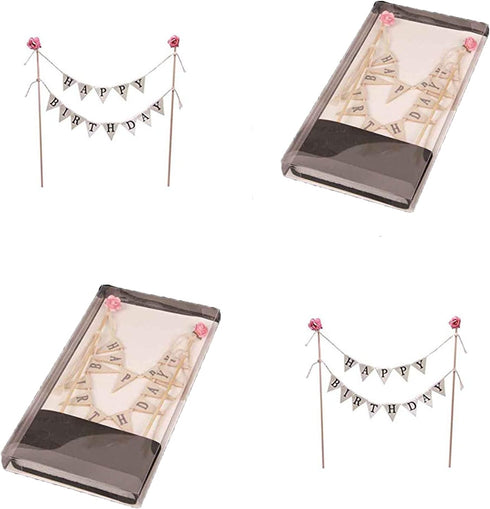 Happy Birthday Cake Bunting Topper Garland, Handmade Pennant Flags with Wood Pole in Ivory (With Pink Rose)