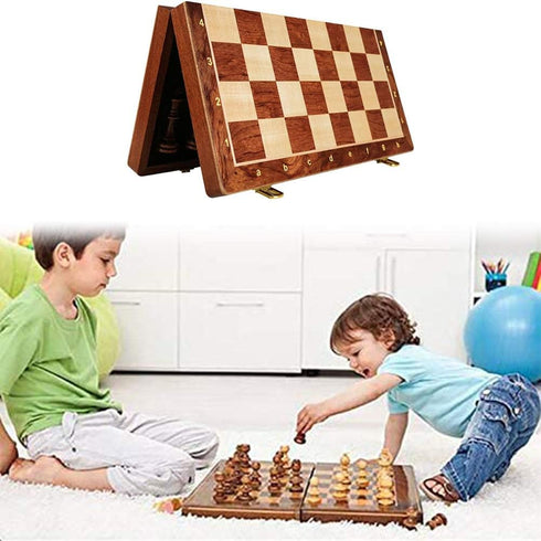 Dan&Dre 15 Folding Wooden Chess & Checkers Set (2 in 1), Portable Travel Chess Board Gift