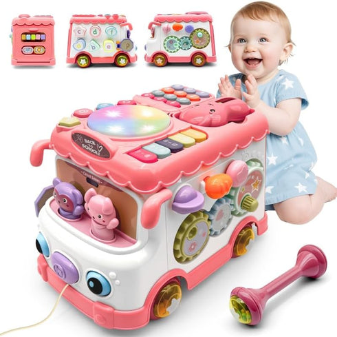 DELUTIQUE 1 12-18 1-3, 1st Baby Bus Toy for Year Old Girl Gifts, Montessori Musical Bus Toy for Baby Months, Baby Piano